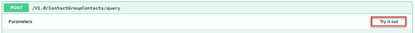 Screenshot of a POST request for ContactGroupContacts in the Swagger UI with a red box drawn around the 'Try it out' option.